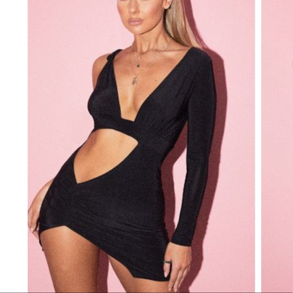 Black Slinky One Shoulder Cut Out Ruched Dress